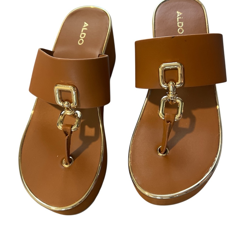 Aldo Tan Sandals with Gold Accents